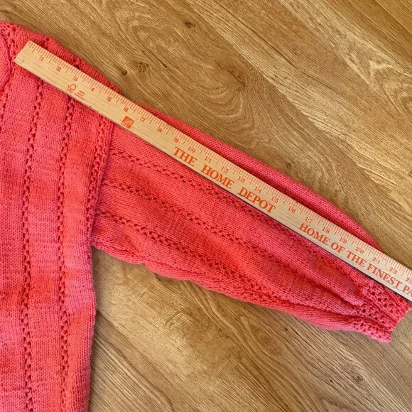 Vintage Hand-Knit Coral Cardigan Sweater Leaf Bobble Cozy Grandma Knubby Cottag - Picture 6 of 7